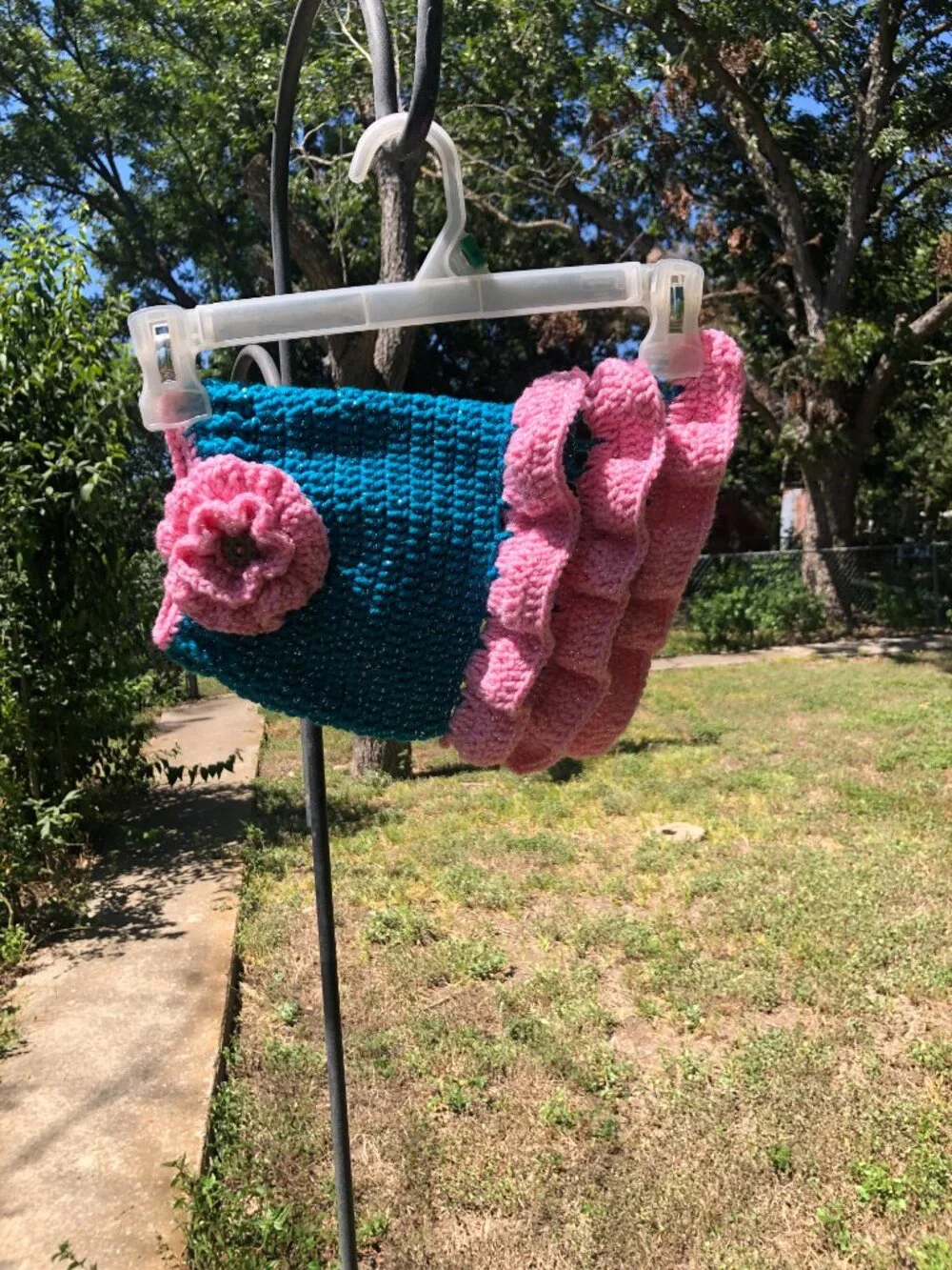Dog Crochet Sweater with Pink Flower, Size Small